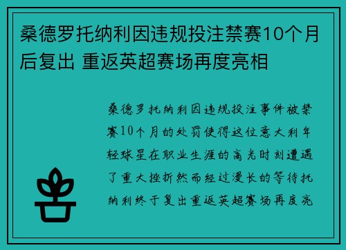 桑德罗托纳利因违规投注禁赛10个月后复出 重返英超赛场再度亮相